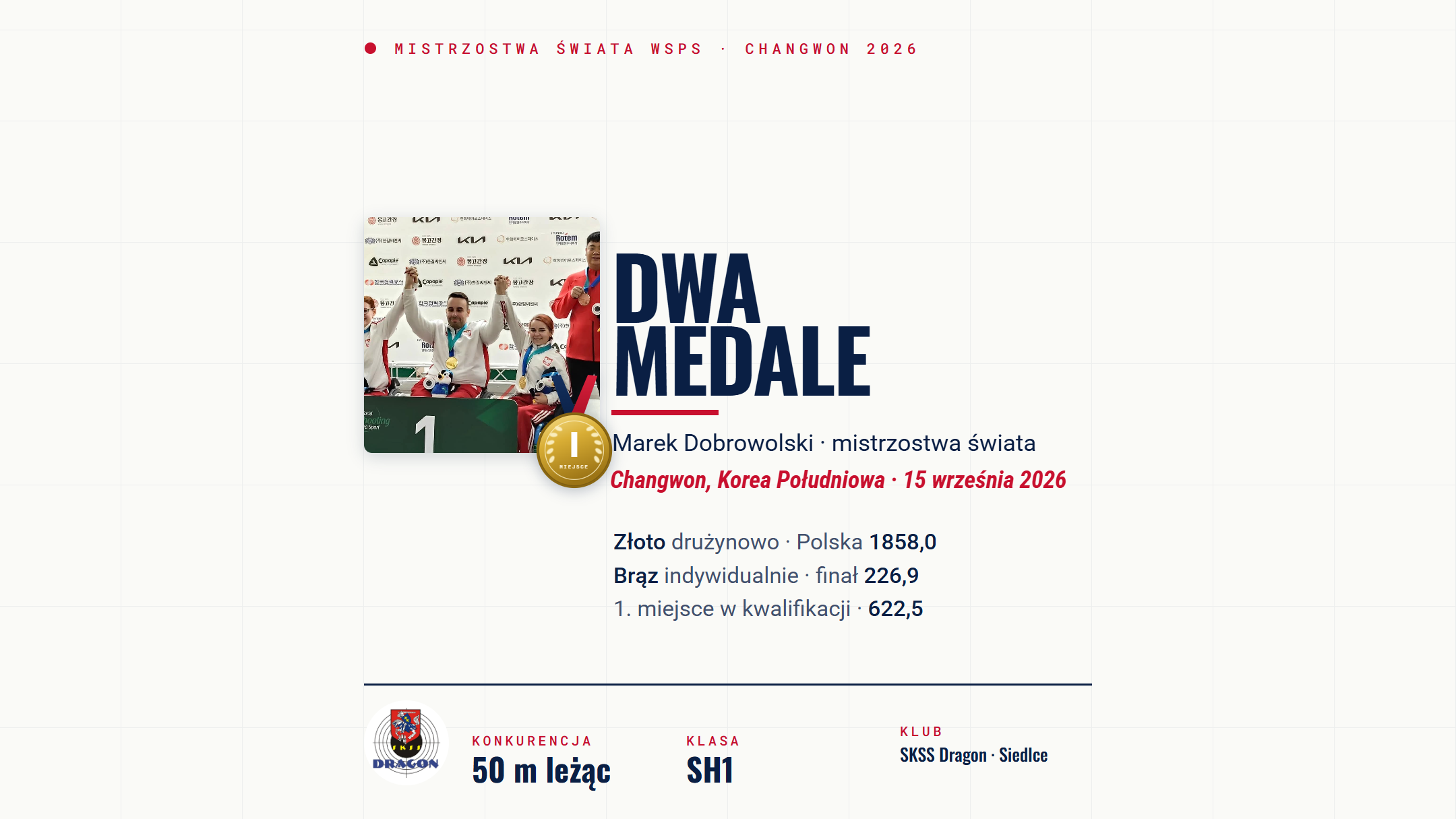 Marek Dobrowolski — złoto drużynowo i brąz indywidualnie, 50 m karabin leżąc SH1, Changwon 2026