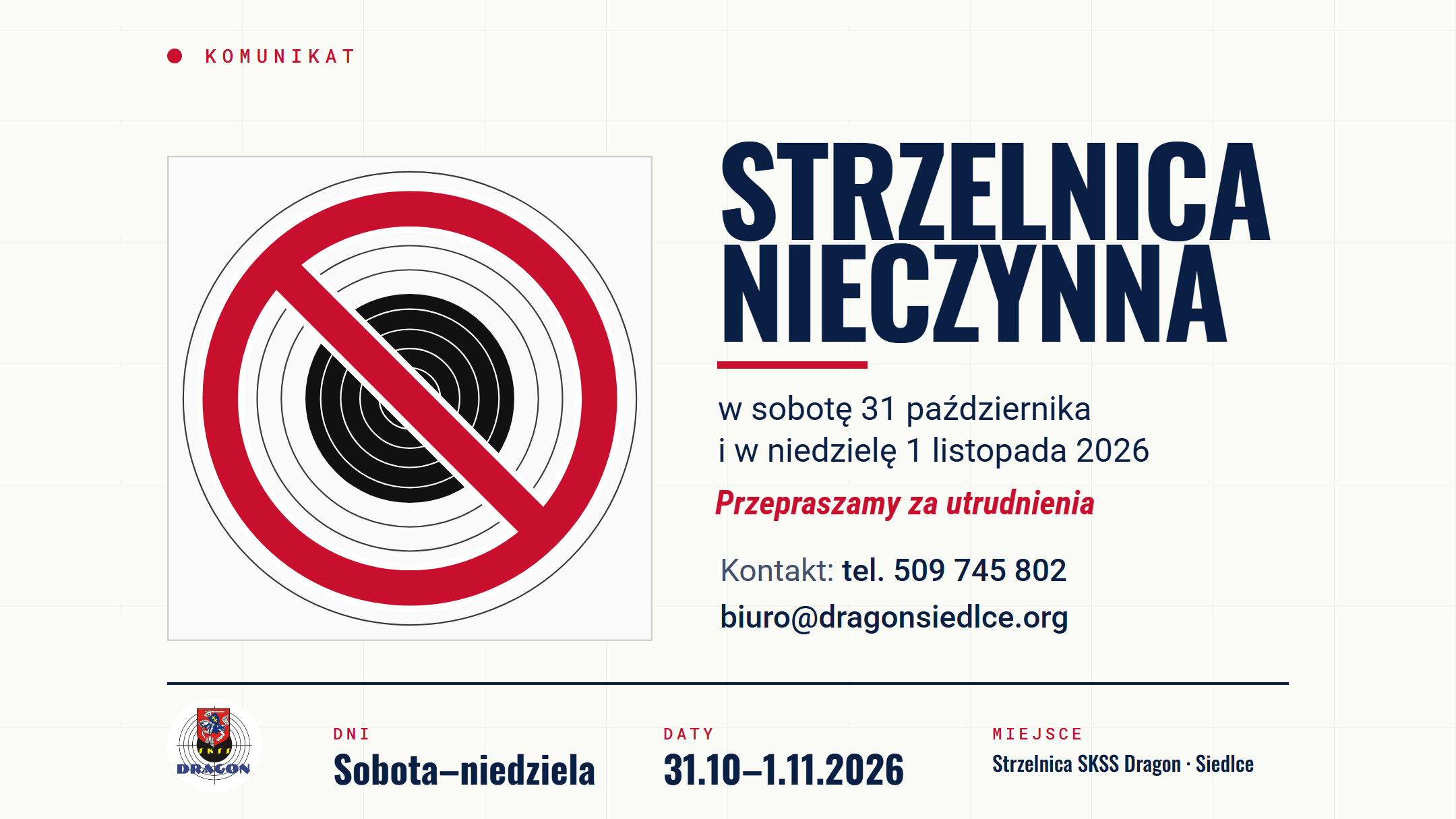 Komunikat: strzelnica SKSS Dragon Siedlce nieczynna w sobotę 31 października i w niedzielę 1 listopada 2026