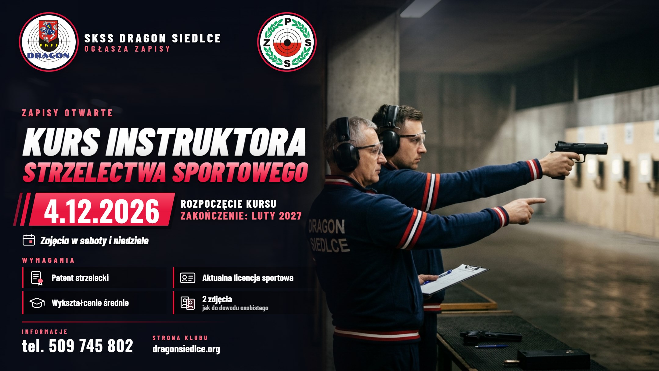 Kurs instruktora strzelectwa sportowego PZSS – zapisy w SKSS DRAGON Siedlce, start 4.12.2026, zakończenie luty 2027