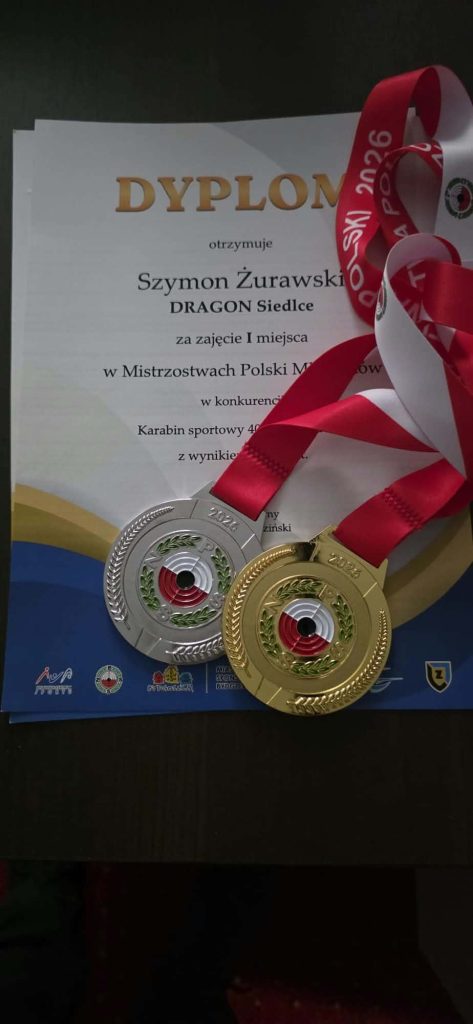 Złoty i srebrny medal Szymona Żurawskiego oraz dyplom za 1. miejsce na Mistrzostwach Polski Młodzików 2026