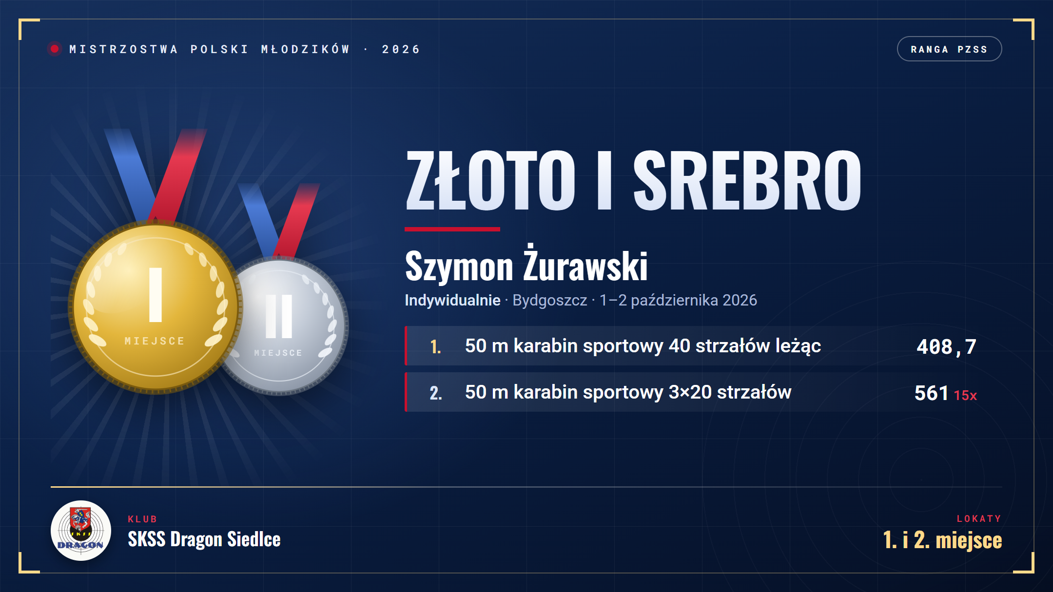 Złoty i srebrny medal Szymona Żurawskiego na Mistrzostwach Polski Młodzików 2026 w Bydgoszczy: karabin sportowy 40 strzałów leżąc i 3×20