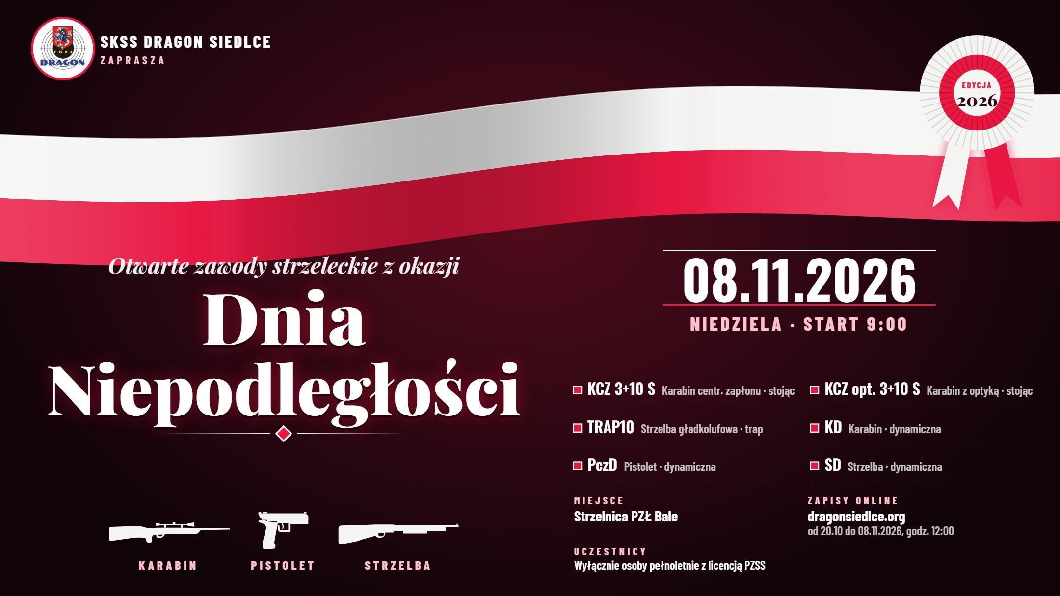 Zaproszenie na Otwarte Zawody Strzeleckie z okazji Dnia Niepodległości, 8.11.2026, start 9:00, strzelnica PZŁ Bale